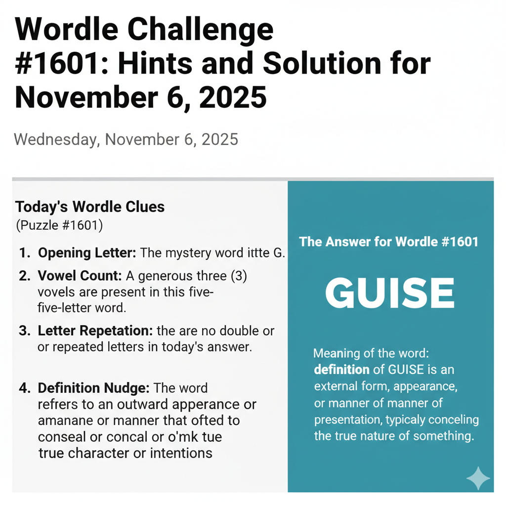 Wordle Challenge #1601: Hints and Solution for November 6, 2025